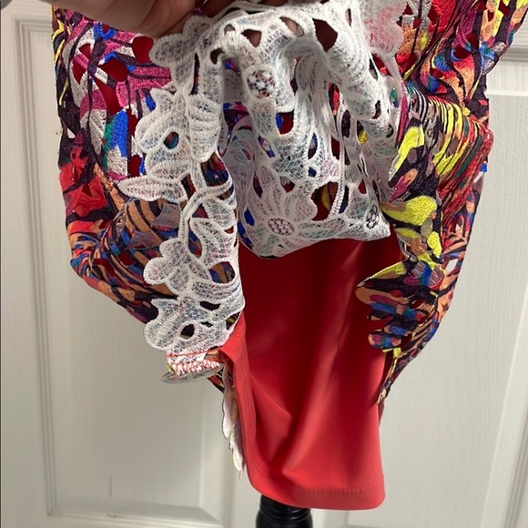 Frank Lyman Design Multicolour Tropical Cocktail Dress Laser Cut Lace Size 12 - Picture 3 of 10